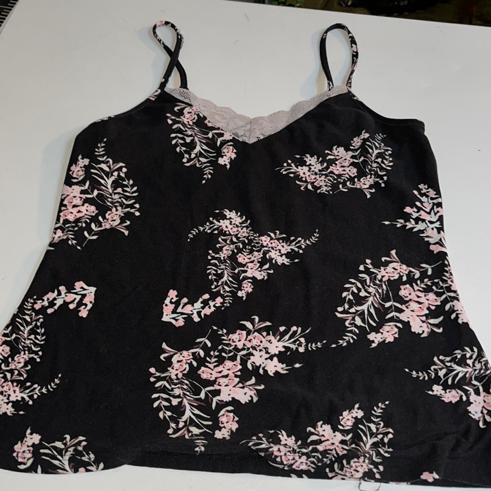 Love the Lounge XS blue print adjustable camisole with gray lace v-neck trim